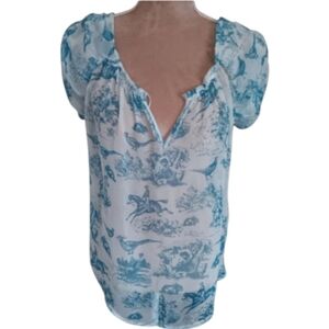 Princess Vera Wang ~ Blue & White Sheer Boho Western Print Peasant Top (L)